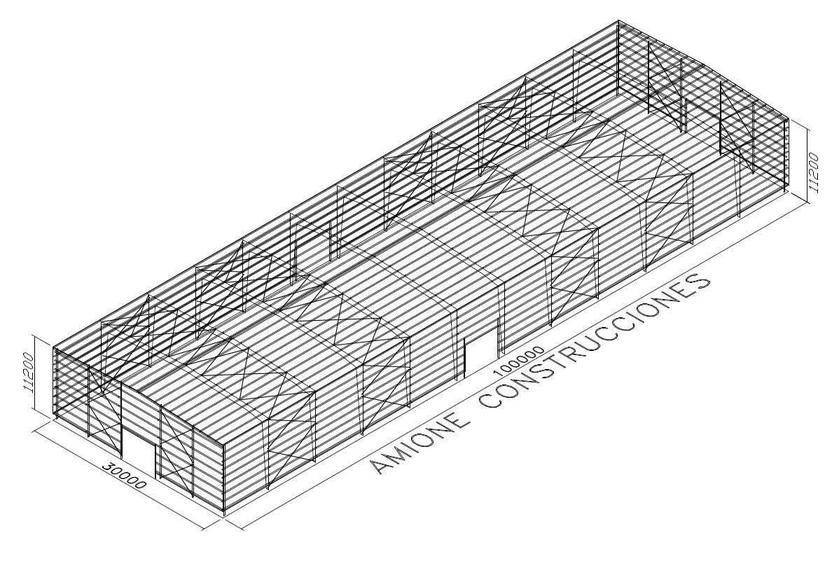 Plano isométrico CAD — nave industrial 30x100m, ingeniería de detalle Amione Construcciones